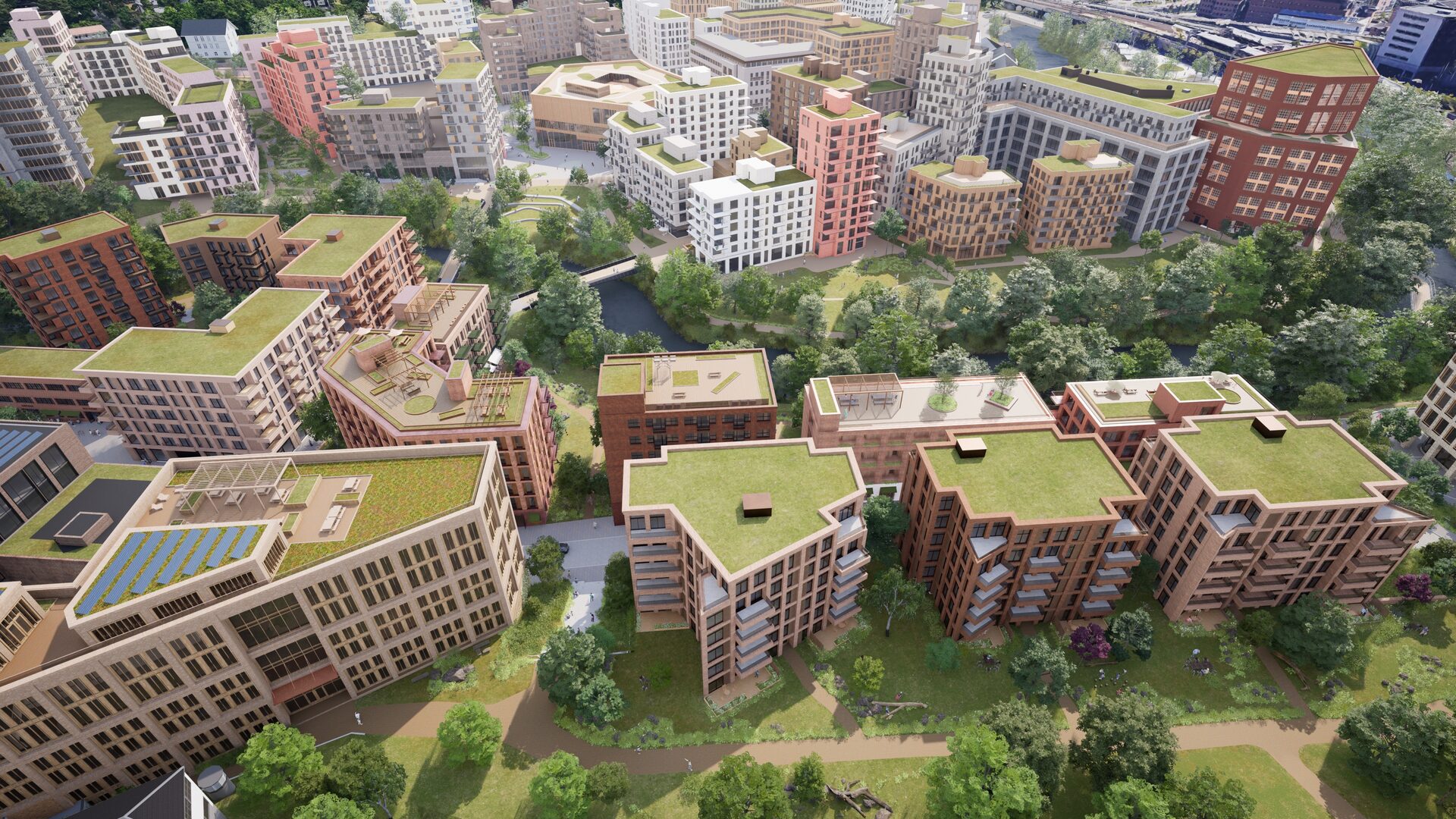 Lilleakerbyen: aerial over the green-roof quarter