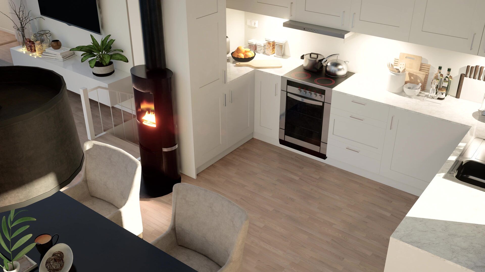 Photorealistic interior: open-plan kitchen and living area